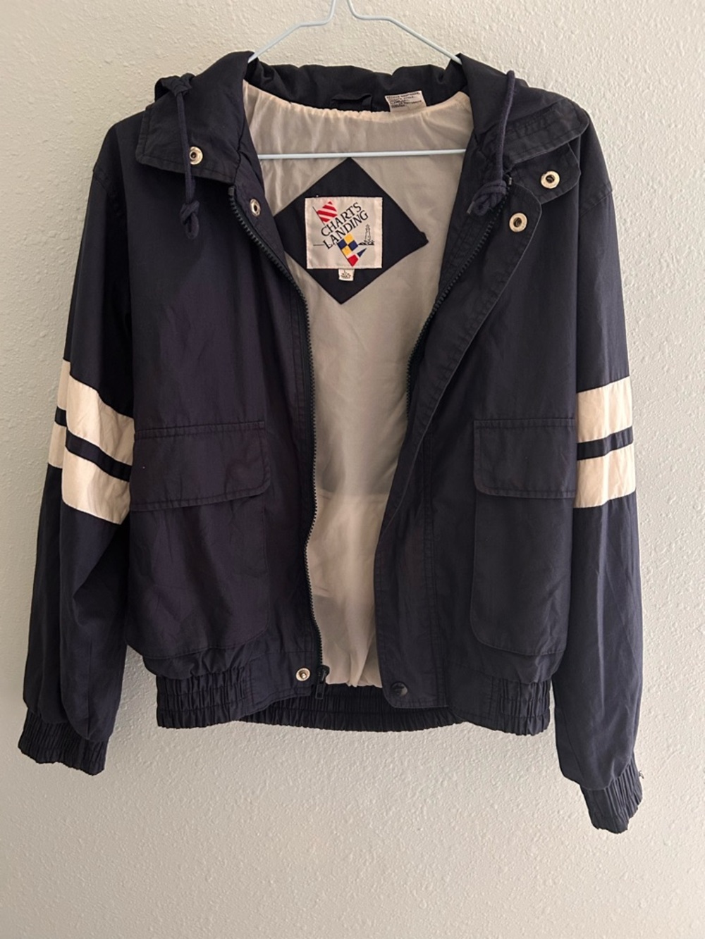 Vintage Charts Landing Navy Sailing windbreaker Jacket with White Stripes Large